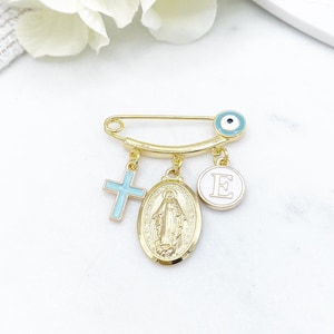 Personalised Initial Gold Evil Eye Mini Pin, Mary, Blue Cross, Protection Baby Pin, Gold Safety Pin, Jewellery, Custom, Christian