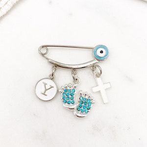Silver Mini Cross Initial Footprint Pin, Protection Baby Pin, Gold Safety Charm Pin, Christening, Shower, Christian, Baptism Pin, Orthodox