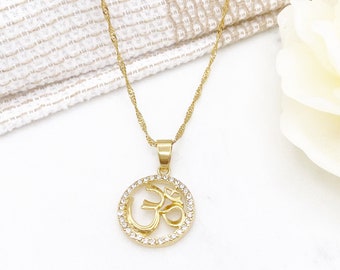 Gold Diamante Om Necklace, Pendant, Gift For Her, Baby Gift, New Baby, Birthday, Wedding Gift, Hindu, Aum, Diwali, Protection