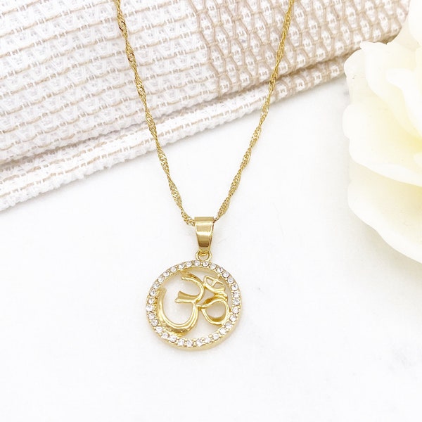 Gold Diamante Om Necklace, Pendant, Gift For Her, Baby Gift, New Baby, Birthday, Wedding Gift, Hindu, Aum, Diwali, Protection
