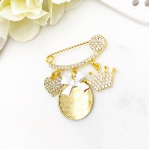 Gold Mini Crystal Diamante Ayatul Kursi, Evil Eye Baby Clothing Pin, Crown, Heart, Neutral, Unisex, Gender Neutral, Ayah, Ayat