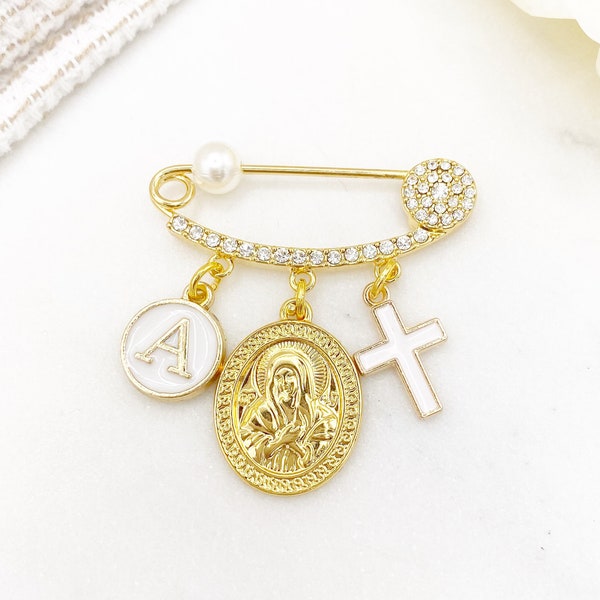 Crystal Mini Pin with Virgin Mary, Cross, Initial, Crown, Protection Baby Pin, Gold Safety Pin, Christening, Baby Shower, Christian