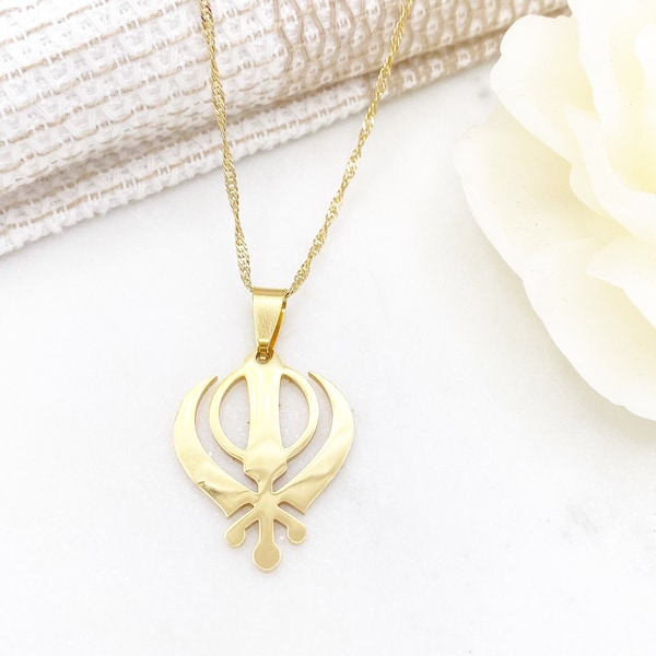 Gold Khanda Necklace, Pendant, Gift For Her, Baby Gift, New Baby, Birthday, Wedding Gift, Sikh, Aum, Diwali, Protection, Vaisakhi