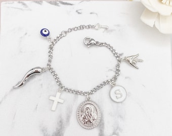 Cross, Evil Eye, Virgin Mary, Italian Horn, Portafortuna Italian, Initial Bracelet, Mano Cornuto, Gold Charm, Protection Amulets, Silver