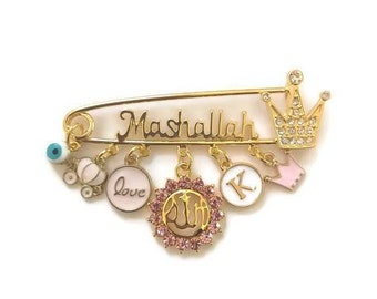 Mashallah Pink Personalised Diamante Initial Allah Baby Pin, Masallah, Masha Allah, Evil Eye, Nazar, Brooch, Safety Pin, Rhinestone