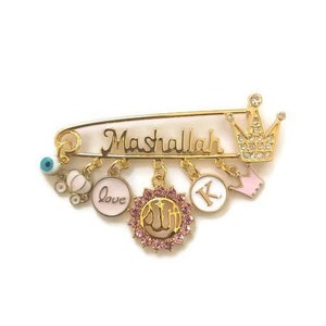 Mashallah Pink Personalised Diamante Initial Allah Baby Pin, Masallah, Masha Allah, Evil Eye, Nazar, Brooch, Safety Pin, Rhinestone