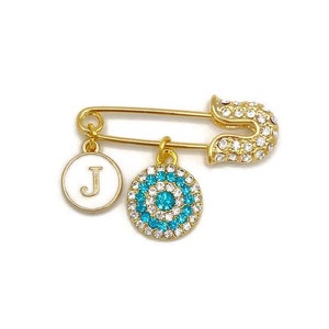 Personalised Blue Mini Evil Eye Baby Clothing Pin, Protection, Good Luck Charm, Keepsake, New Baby, Mum to Be