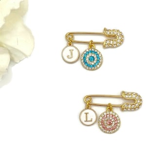 Personalised Pink Blue Mini Evil Eye Baby Clothing Pin, Protection, Good Luck Charm, Keepsake, New Baby, Mum to Be