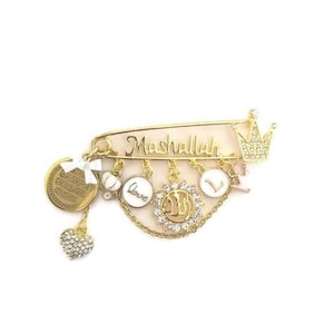 Mashallah Clear Personalised Diamante Initial Ayatul Kursi Allah Baby Pin, Masallah, Masha Allah, Evil Eye, Brooch, Neutral, Unisex, Gender