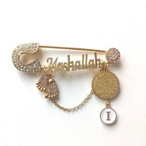 Personalised Mashallah Diamante Ayatul Kursi, Allah, Evil Eye Stroller Baby Pin - Muslim, Islamic, Name, Custom,
