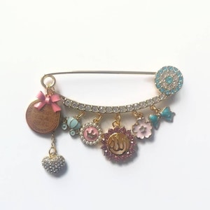 Diamanate Luxury Personalised Pink and Blue Allah, Evil Eye, Ayatul Kursi Stroller Pin, twins, triplets, gift