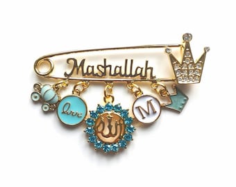 Mashallah Personalised Diamante Initial Allah Baby Pin, Masallah, Masha Allah, Evil Eye, Nazar, Brooch, Safety Pin, Rhinestone