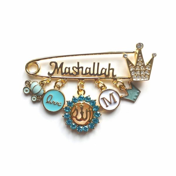 Mashallah Personnalisé Diamante Initial Allah Baby Pin, Masallah, Masha Allah, Evil Eye, Nazar, Brooch, Safety Pin, Rhinestone