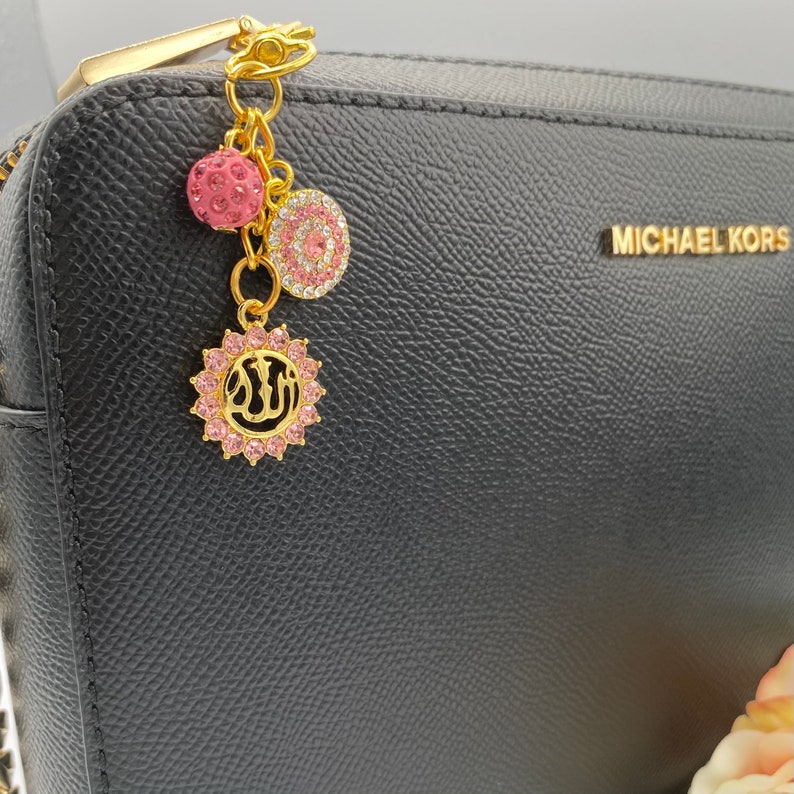 Muslim Allah Bag Charm Islamic Exclusive Gold Crystal Pink Evil Eye Keychain Keyring Protection