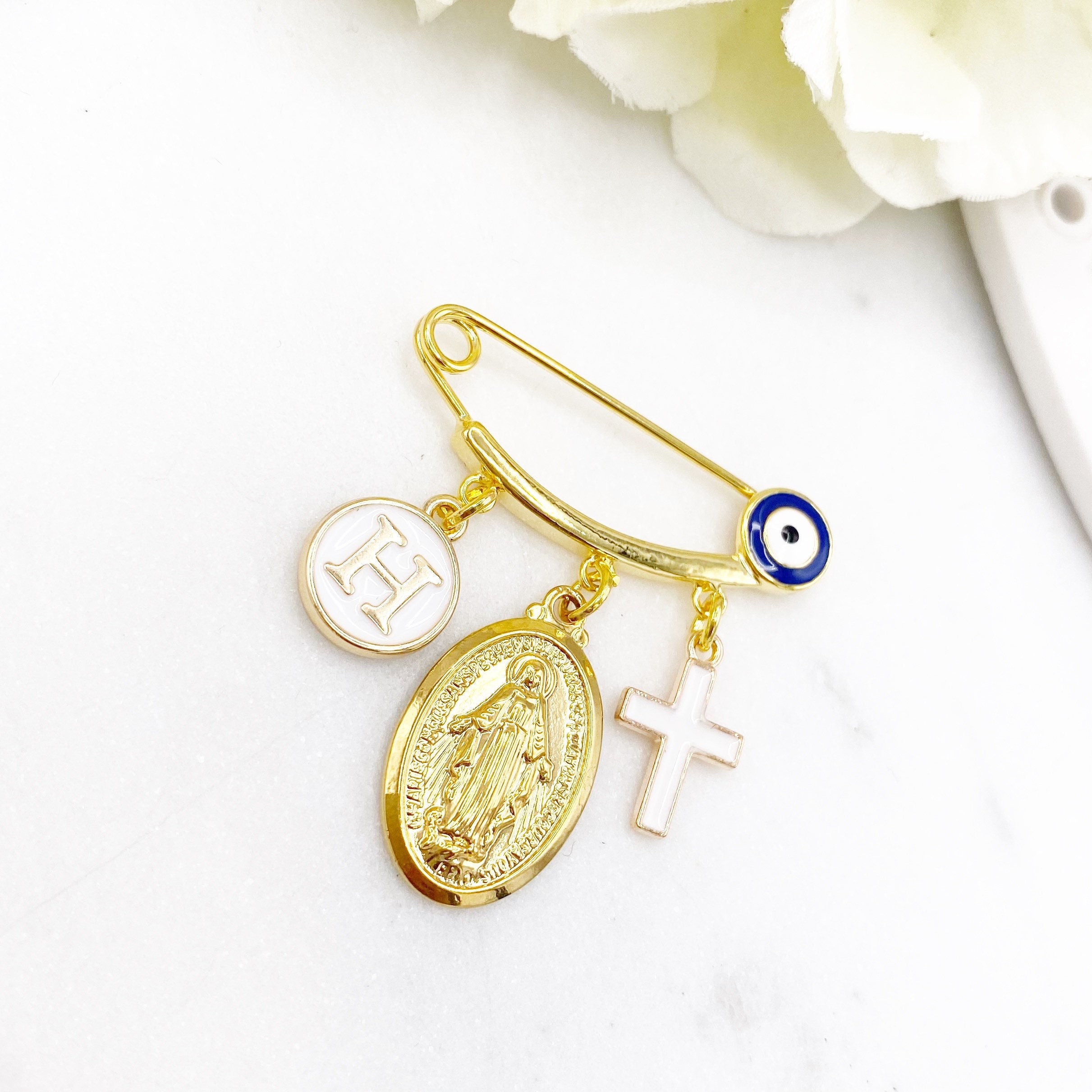 Personalised Initial Gold Evil Eye, Virgin Mary, Cross, Protection Baby Pin, Gold Safety Pin, Jewellery, Custom, Christian