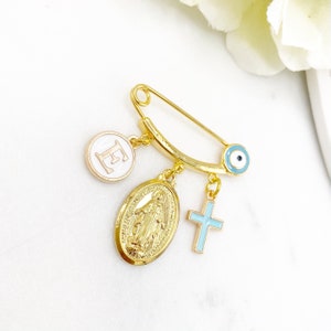 Personalised Initial Gold Evil Eye, Virgin Mary, Cross, Protection Baby Pin, Gold Safety Pin, Jewellery, Custom, Christian