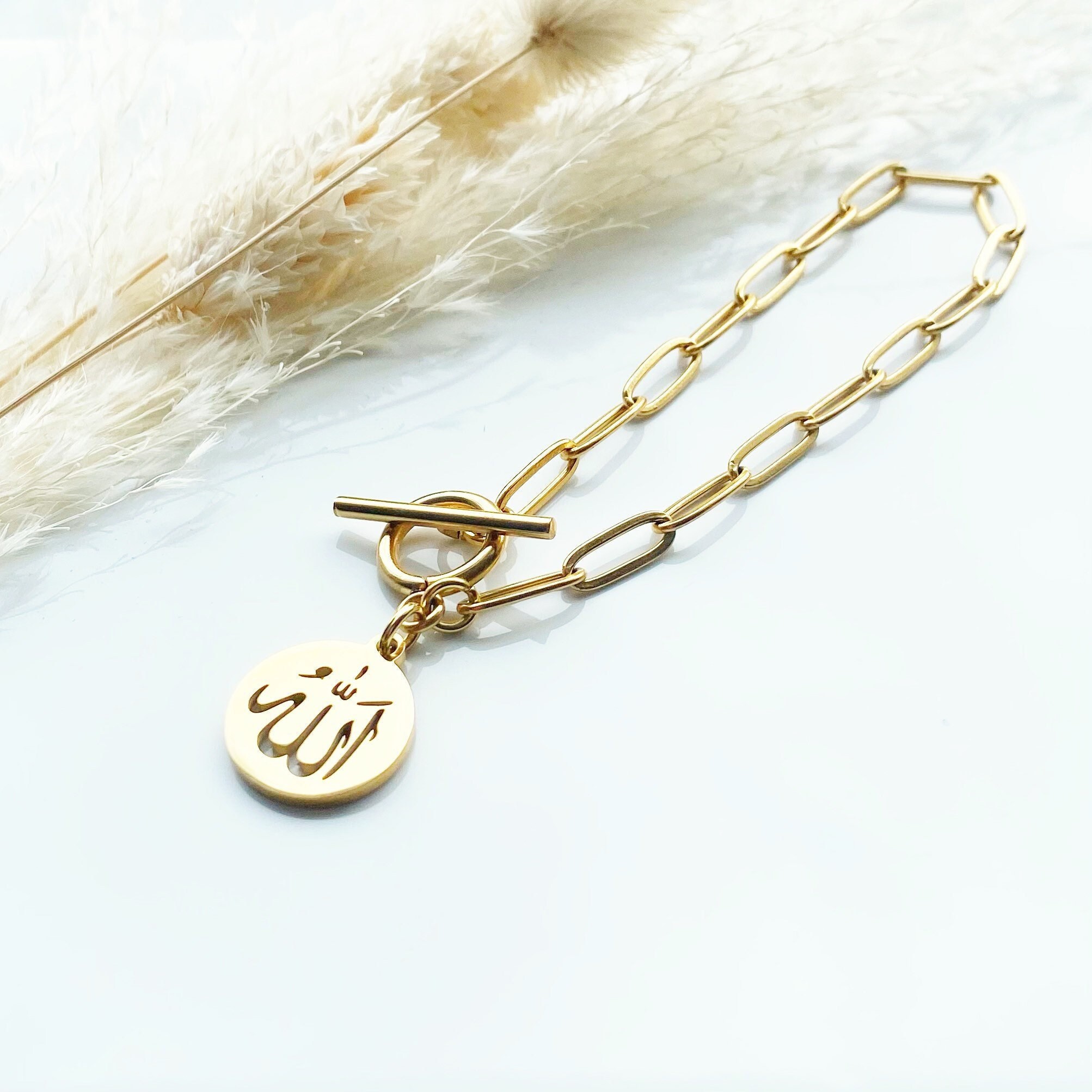 Simple Minimalist Allah Gold Chain T-Bar Bracelet - Stainless Steel - Link - Toggle - Islamic - Religious, Gift - Birthday Wedding, Bangle