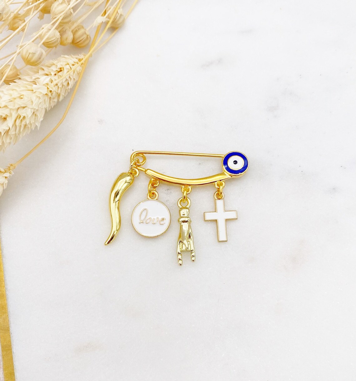 Evil Eye Italian Horn Protection Pin, Mano Cornuto, Malocchio Brooch