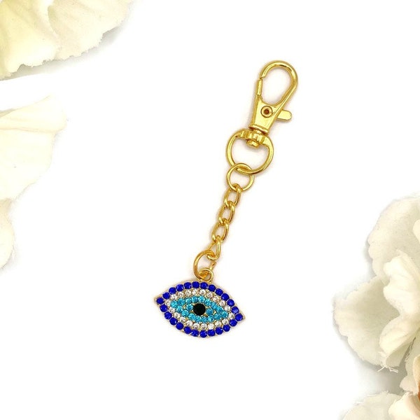 Exclusive Gold Crystal Blue Evil Eye Shaped Bag Charm, Keyring, Keychain, Protection