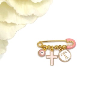 Personalised Pink Mini Cross Evil Eye Baby Pin