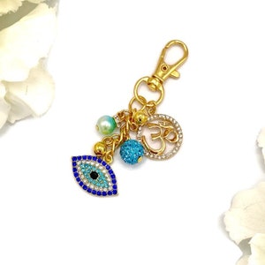 Exclusive Gold Crystal Blue Om, Evil Eye Shaped Bag Charm, Aum, Hindu, Keyring, Keychain