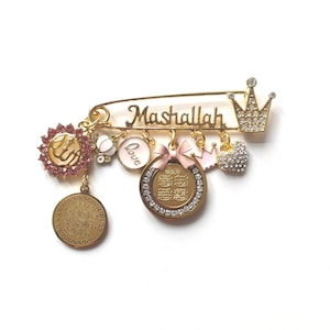 Mashallah Pink Personalised Diamante Initial Ayatul Kursi Allah 4 Qul Baby Pin, Masallah, Masha Allah, Evil Eye, Brooch, Chaar Qul, 4 Kul