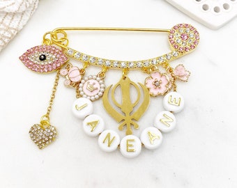 Personalised Gold Evil Eye Name Khanda Baby Stroller Pin, Baby Gift, New Baby, Birthday, Wedding Gift, Sikh, Diwali, Protection, Vaisakhi