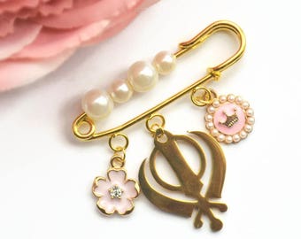 Personalised Gold Stroller Pin - Khanda Sikh Religion Symbol Jewellery