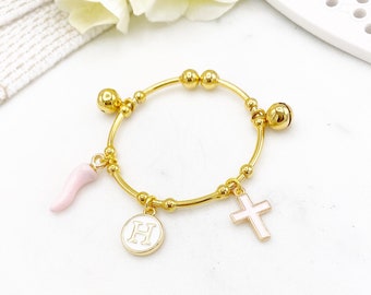 Childrens Baby Gold Charm Bangle, Italian Horn, Initial, Cross, Protection, Blessing, Baptism, Christening, Christian