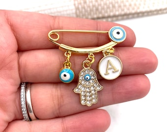Baby Stroller Crib Pin With 14k Yellow Gold Vermeil Hamsa Hand Plus Blue and Red Evil Eye for Good Luck and Protection Present for New Mother and Baby