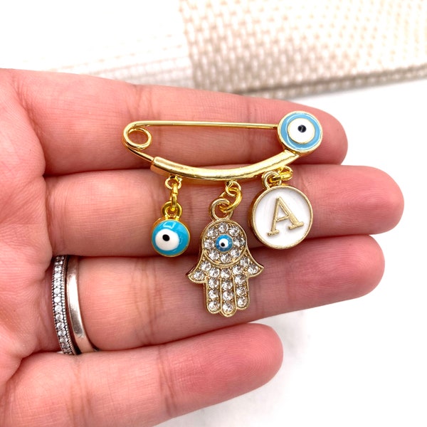 Personalised Mini Evil Eye Baby Clothing Pin, Hamsa Hand, Eye, Star, Letter, Pink, Blue, Royal Blue, Protection, Clothing, Newborn Gift