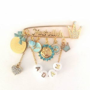 Mashallah Blue Personalised Name Diamante Initial Ayatul Kursi Allah Baby Pin, Masallah, Masha Allah, Evil Eye, Brooch, Safety Pin