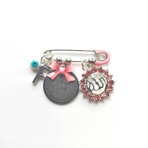 Personalised Silver Mini Diamante Allah & Ayatul Kursi, Evil Eye Baby Clothing Pin
