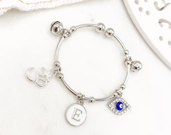 Silver Childrens Om Initial Baby Evil Eye Charm Bangle - Protection, Blessing, Hindu, New Baby, Baby Shower, New born, Aum