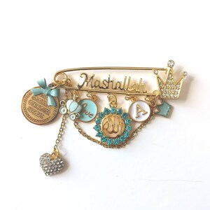 Mashallah Blue Personalised Diamante Initial Ayatul Kursi Allah Baby Pin, Masallah, Masha Allah, Evil Eye, Brooch, Safety Pin