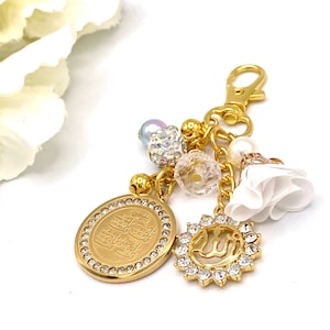 Exclusive Crystal Gold 4Qul & Allah Tassel Bag Charm - Muslim, Islamic, Zipper Charm, Protection, Keyring, Keychain