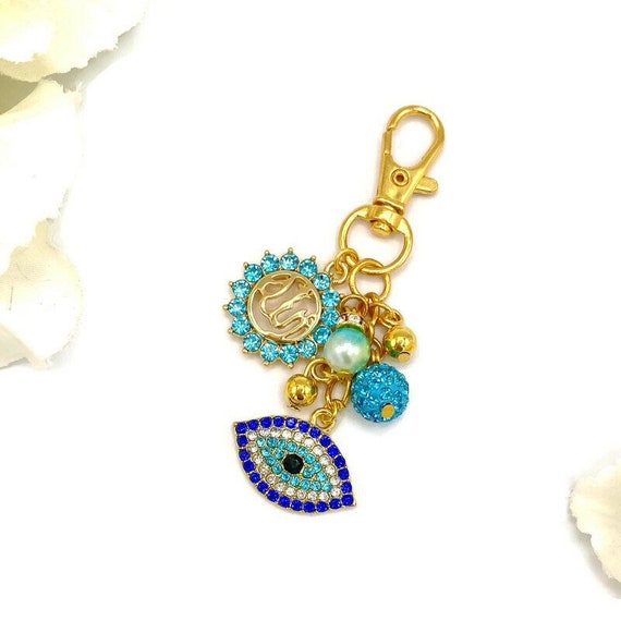 Keyring Accessories Keychains & Lanyards Zipper Charms Exclusive Gold Crystal Blue Evil Eye Shaped Bag Charm Protection Keychain 