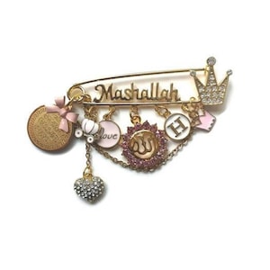 Mashallah Pink Personalised Diamante Initial Ayatul Kursi Allah Baby Pin, Masallah, Masha Allah, Evil Eye, Brooch, Safety Pin