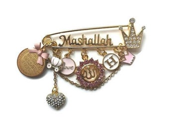 Mashallah Pink Personalised Diamante Initial Ayatul Kursi Allah Baby Pin, Masallah, Masha Allah, Evil Eye, Brooch, Safety Pin