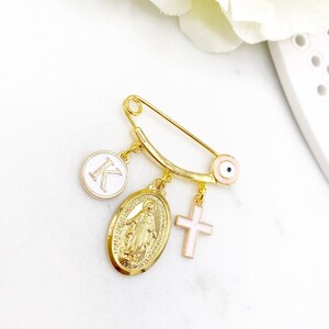 Personalised Initial Gold Evil Eye, Virgin Mary, Cross, Protection Baby Pin, Gold Safety Pin, Jewellery, Custom, Christian
