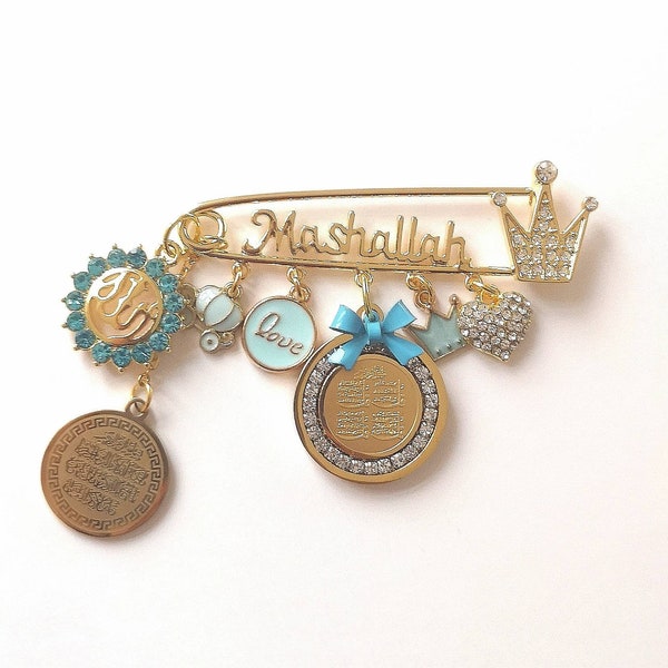 Mashallah Blue Personalised Diamante Initial Ayatul Kursi Allah 4 Qul Baby Pin, Masallah, Masha Allah, Evil Eye, Brooch, Chaar Qul, 4 Kul