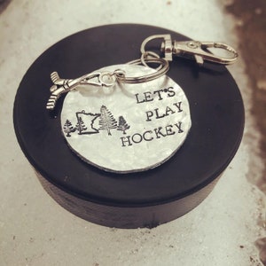 Let&#39;s Play Hockey - Minnesota- Pine Trees- Northern Admiration - Hand Stamped - Key Chain-