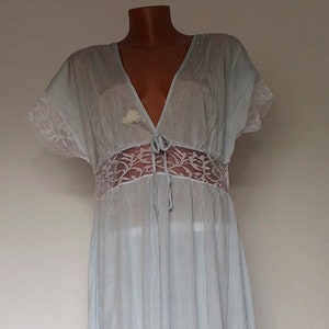 Light Blue Vintage Nightgown, Short Sleeve V Neck Night Dress, Retro Women’s Sleepwear, Long Viscose Nightgown, Size Large Loungewear