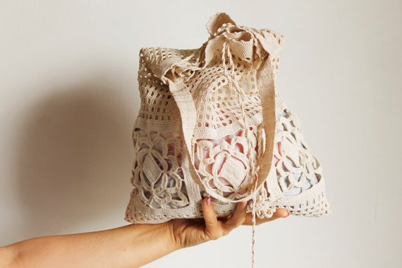 Vintage Crochet Shoulder Bag, Boho Women's Bag, Ec