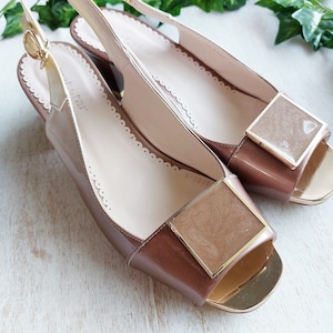 Low-Heeled Patent Leather Women&#39;s Sandals, Beige Slingback Vintage Shoes, Size 7.5, Classic Retro Sandals, Comfortable Summer Shoes