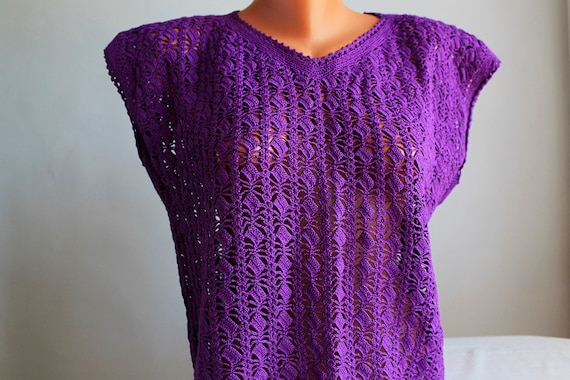 Purple Cotton Crochet Top, Vintage 80's Women's Bl
