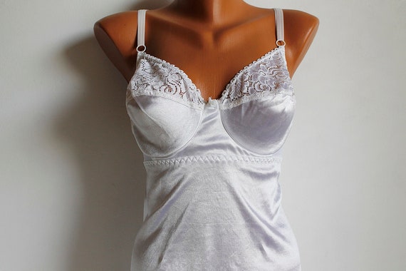 White Vintage Camisole, Lace Bra Satin Corset, Bus