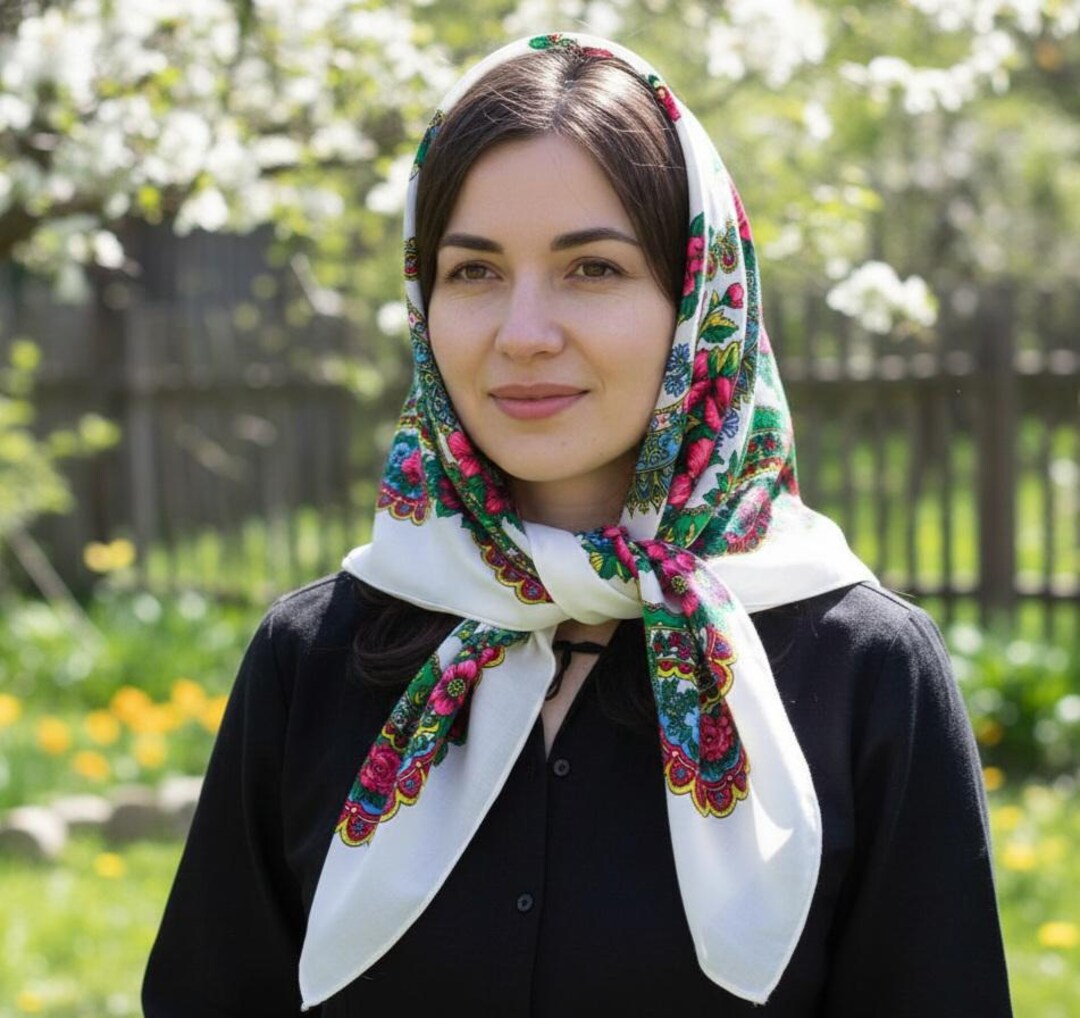 White Vintage Floral Shawl – Square Head Scarf, Cottagecore  display picture 1