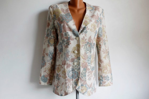 Floral Print Vintage Blazer Women, Pastel Colors S