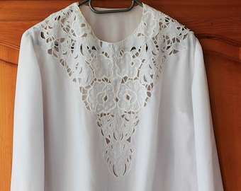 White Embroidered Silk Women's Blouse Long Sleeves Size L, Crew Neck Formal Blouse, Vintage 80's Silk Blouse, White Silk Retro Blouse Women